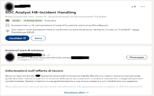 soc analyst Offerta di lavoro su profilo LinkedIn aziendale