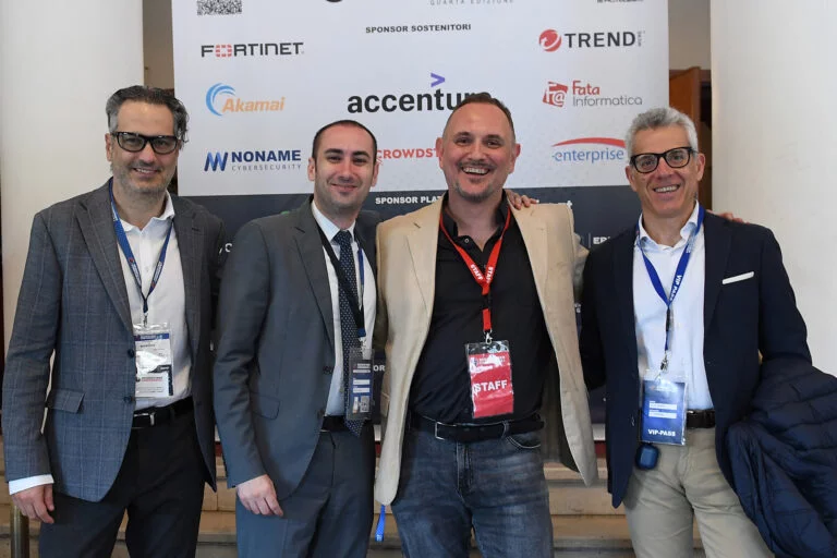 Marco Molinaro, Accenture Security lead per Italia e centro Europa ed Israele, Martino Bevacqua Managing Director di Accenture, Massimiliano Brolli fondatore di Red Hot Cyber e Giovanni Ciminari, Head of Cybersecurity di Sogei