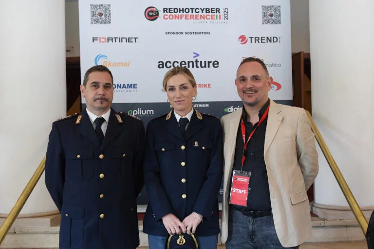 Emanuele Mazzeo assistente capo coordinatore della polizia di Stato assieme a Roberta Mestichella, Responsabile Relazioni Esterne Polizia Postale e Massimiliano Brolli fondatore di Red Hot Cyber