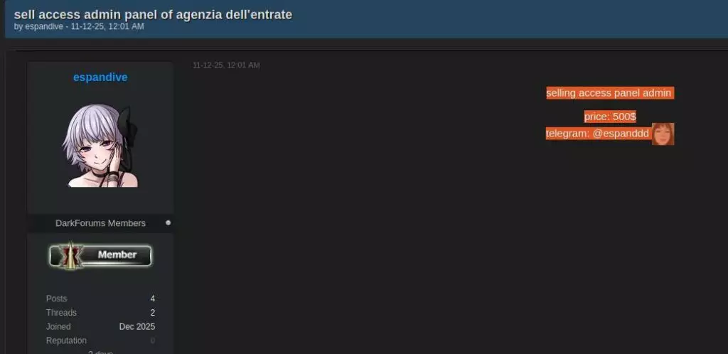 Screenshot accesso agenzia delle entrate
