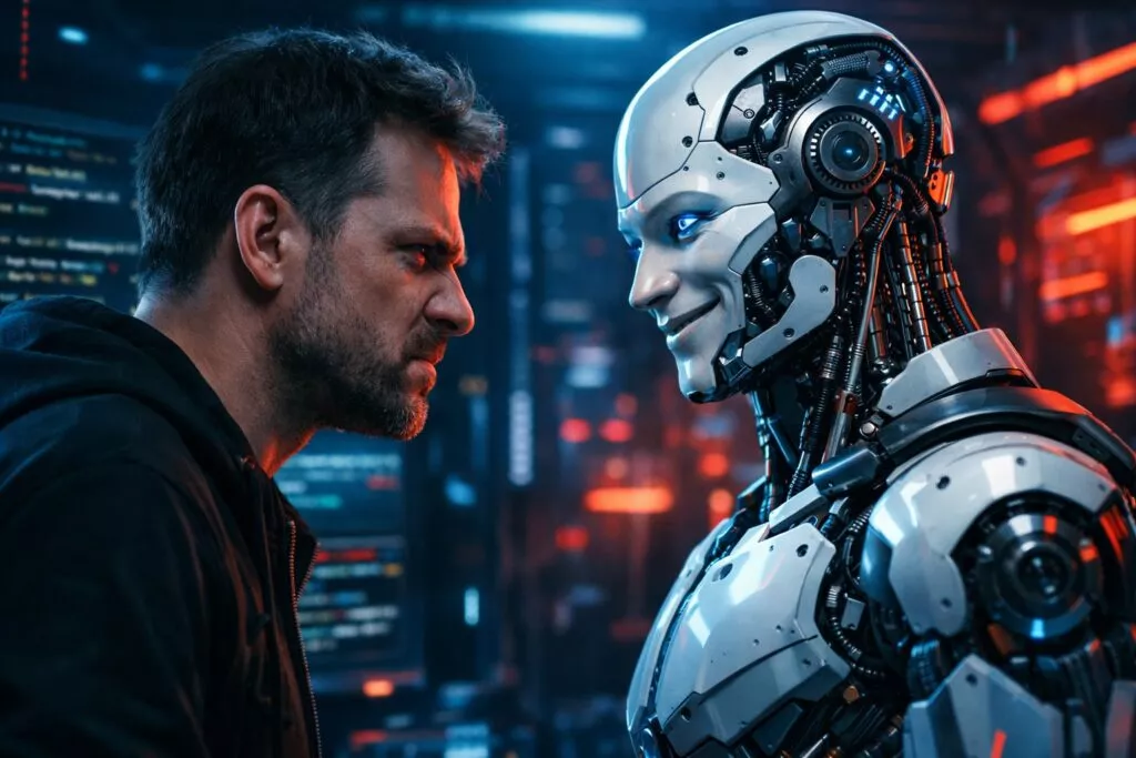 programmatore arrabbiato sta difronte ad un agente intelligenza artificiale