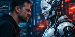programmatore arrabbiato sta difronte ad un agente intelligenza artificiale