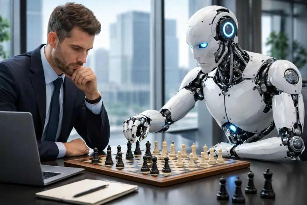 Una partita a scacchi tra un business man e un robot umanoide che sta a significare l'ingresso delle AI nel mondo del lavoro