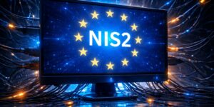 un computer che raffigura sullo schermo il logo dellla direttiva NIS2 e attorno le stelle dell'europa