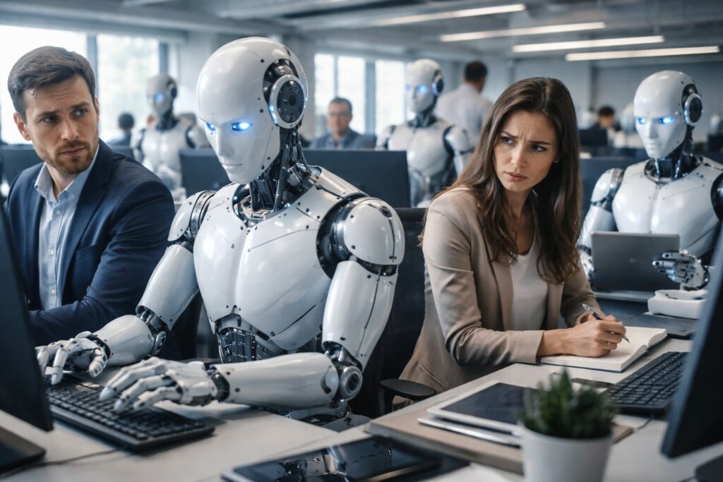 Dei dipendenti guardano con fare sospettoso un robot umanoide in ufficio. La paura della sostituzione da parte delle intelligenze artificiale è elevata nel mondo del lavoro.