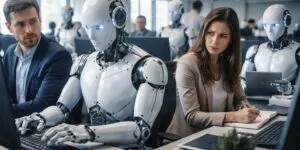 Dei dipendenti guardano con fare sospettoso un robot umanoide in ufficio. La paura della sostituzione da parte delle intelligenze artificiale è elevata nel mondo del lavoro.