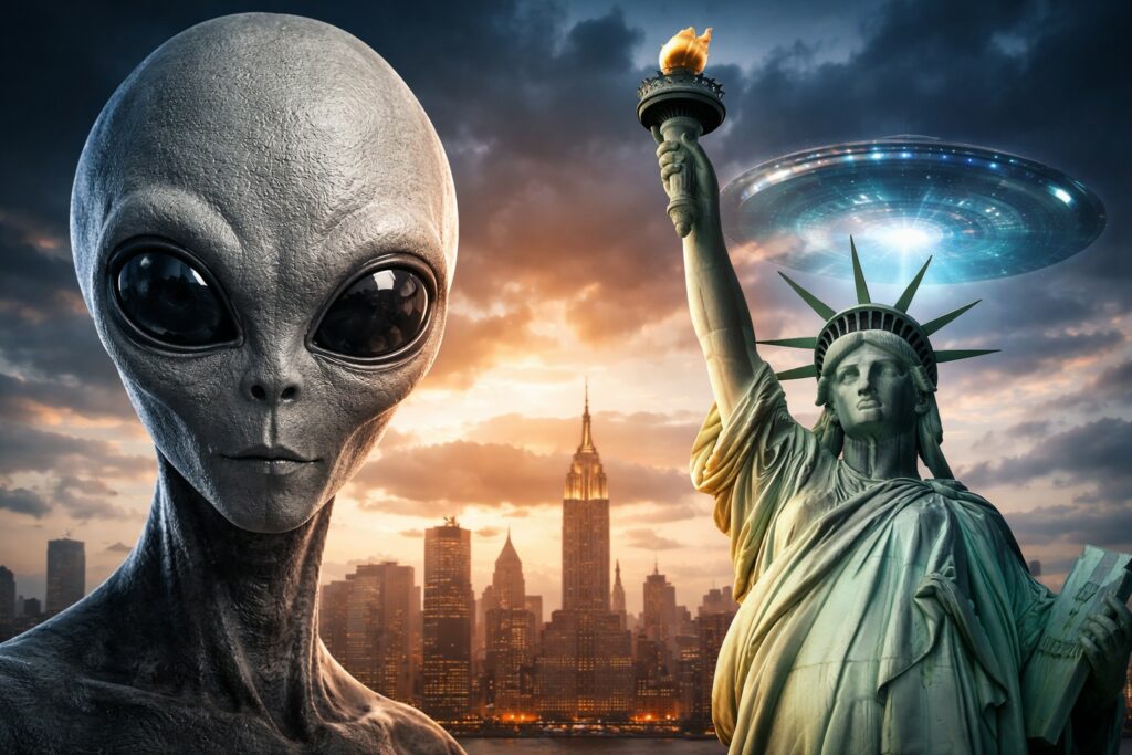 Un alieno sta accanto alla statua della libertà degli stati uniti d'america