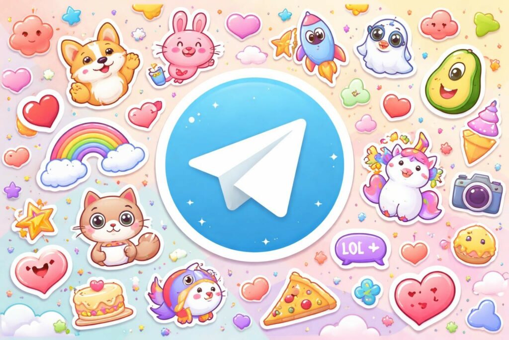 Il logo di Telegram contornato da tanti stikers in una atmosfera festosa e armoniosa.