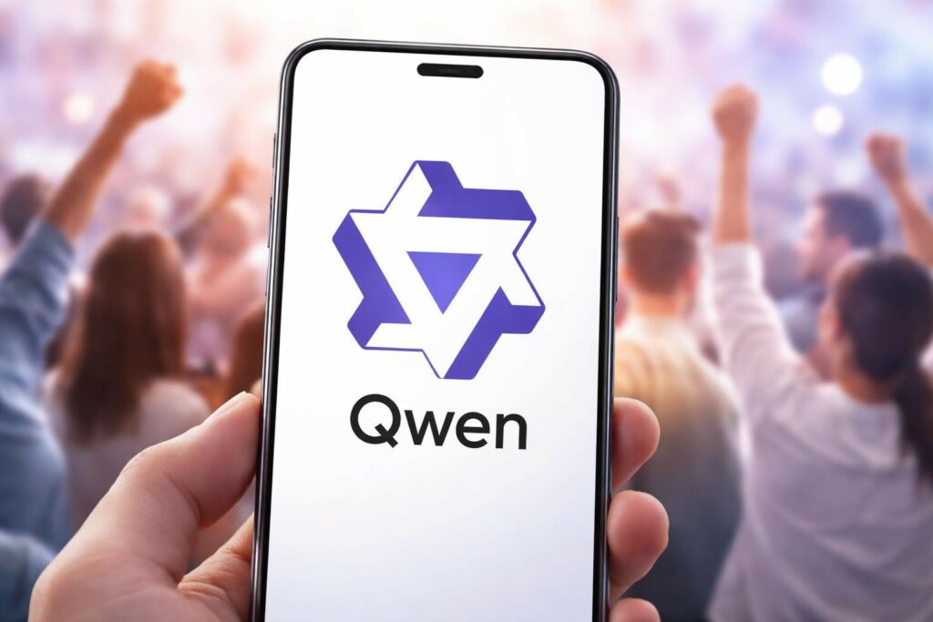Una immagine che mostra sul monitor di uno smartphone il logo di Qwen e sullo sfondo molte persone che esultano