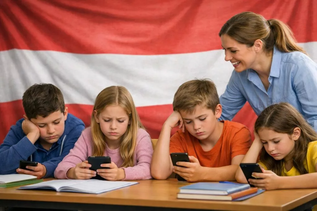 Una maestra cerca di rasserenare i propri studenti che sono afflitti dalla decisione del governo austriaco di eliminare i social network al di sotto dei 15 anni.
