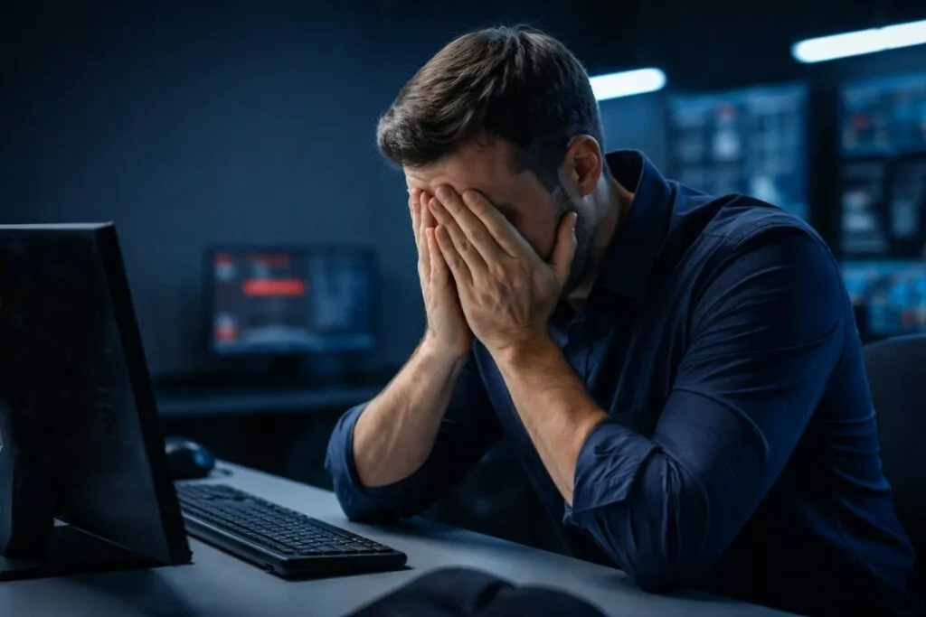 Un impiegato che si occupa di sicurezza informatica che sta di fronte al suo computer in ufficio disperato.