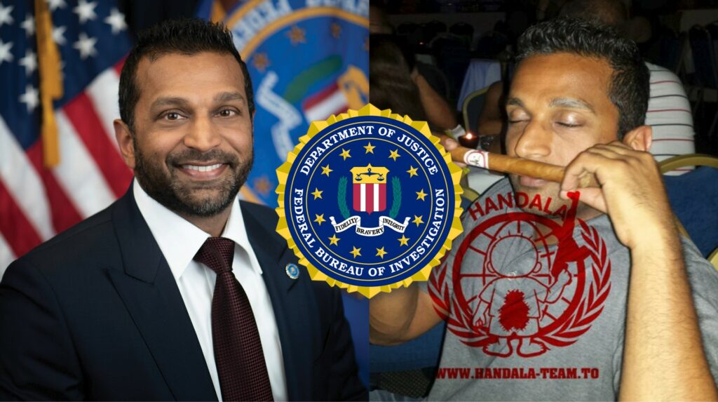 immagine composta da due scatti distinti di Kash Patel, separati al centro dal logo ufficiale del Federal Bureau of Investigation (FBI). Nella parte sinistra, Patel è ritratto in una fotografia istituzionale a mezzo busto; indossa un abito scuro, una camicia bianca e una cravatta bordeaux, mostrando un sorriso accennato mentre guarda direttamente verso l'obiettivo. Sullo sfondo si distinguono i colori della bandiera degli Stati Uniti d'America e un altro stemma governativo parzialmente visibile. Al centro dell'immagine campeggia il sigillo circolare dell'FBI, caratterizzato dal bordo dorato, lo sfondo blu con le stelle gialle e lo scudo centrale sormontato da un'aquila. La parte destra mostra un'immagine più informale e ravvicinata dello stesso uomo, che appare con gli occhi chiusi mentre tiene un sigaro orizzontalmente davanti al viso, vicino alla bocca. In questa sezione è sovrapposto un logo rosso semitrasparente che raffigura Handala, il celebre personaggio simbolo della resistenza palestinese, accompagnato dalla scritta Handala e dall'indirizzo di un sito web nella parte inferiore. L'illuminazione in questa seconda metà è più soffusa e l'ambientazione sembra essere un interno con sedie blu visibili sullo sfondo.