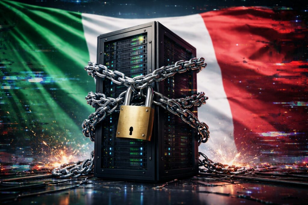 un server al centro incatenato con un grande lucchetto, sullo sfondo la bandiera italiana