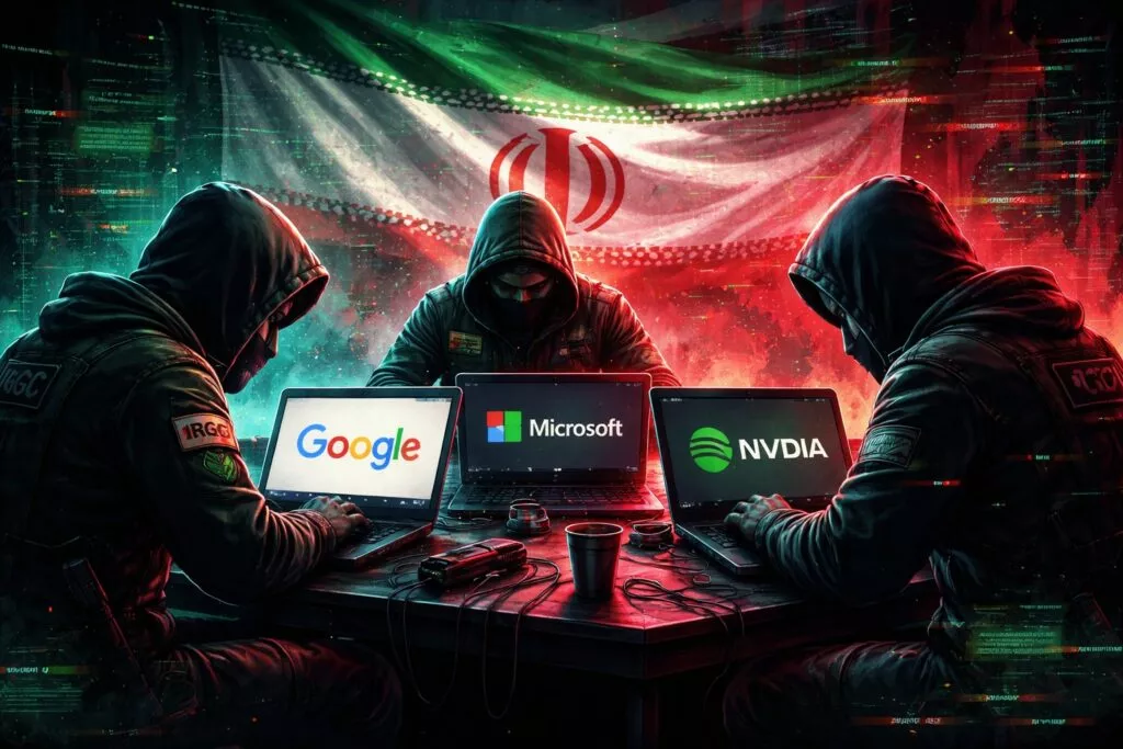 in gruppo di hacker sta di fronte al proprio laptop e vuole hackerare google, Microsoft ed NVIDIA