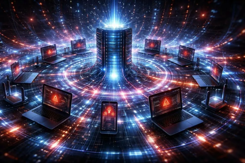 A dark cyber security scene showing a global botnet attack: hundreds of IoT devices like routers, CCTV cameras and DVRs connected with glowing red lines forming a network across a world map, a shadowy hacker figure controlling the network from a laptop, digital code streams, cyber attack visualization, high contrast lighting, cinematic style, ultra detailed, 16:9, dramatic, optimized for news and Google Discover