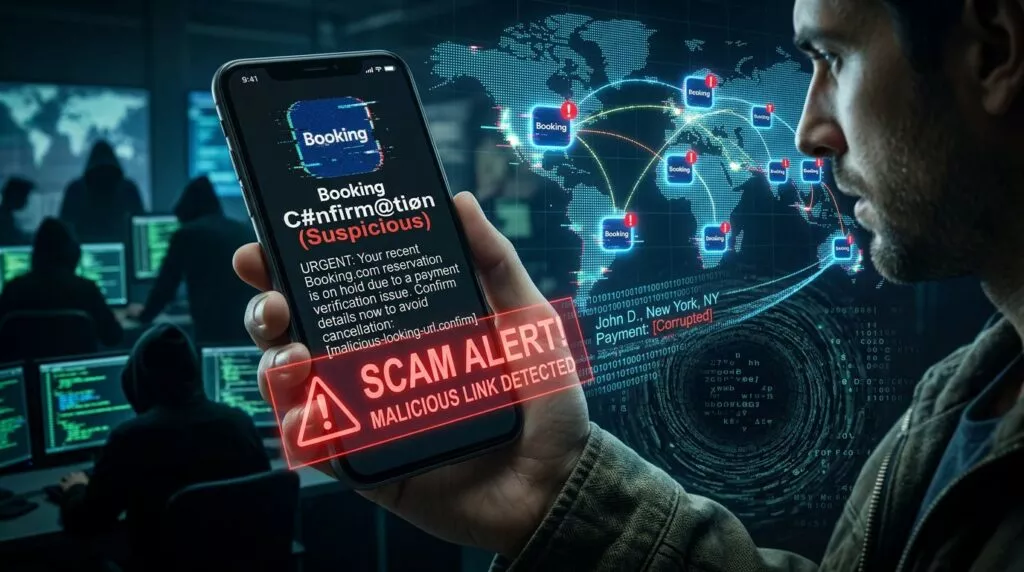 Un viaggiatore guarda preoccupato lo smartphone con una falsa conferma di prenotazione, mentre sullo sfondo compaiono sagome di hacker e flussi di dati digitali che rappresentano una violazione informatica. Una mappa di viaggio luminosa viene distorta da effetti glitch, simboleggiando il furto di informazioni sensibili e il rischio di phishing mirato nel settore turistico.