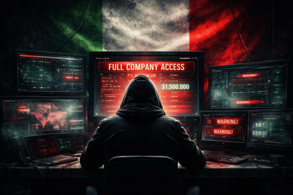 Un hacker nell’ombra osserva più schermi con reti aziendali e un’asta digitale che mostra la vendita dell’accesso a un’azienda italiana, con avvisi di sicurezza in rosso e un’atmosfera cupa che richiama il Dark Web e il cybercrime.