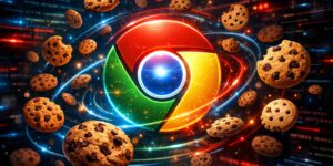 Illustrazione digitale in formato panoramico 16:9 che raffigura al centro il logo di Google Chrome, estremamente dettagliato e luminoso, con i suoi colori iconici rosso, verde, giallo e blu che emanano un intenso bagliore neon. Attorno al logo, numerosi biscotti fluttuano nello spazio come pianeti in orbita, alcuni rappresentati in modo realistico come cookie con gocce di cioccolato, altri stilizzati come icone digitali, creando un contrasto tra mondo fisico e digitale. Le traiettorie luminose che li circondano suggeriscono movimento e dinamismo, richiamando un sistema orbitale futuristico. Lo sfondo è scuro, ispirato al mondo della cybersecurity, con linee di codice e pattern digitali appena visibili che scorrono in trasparenza, illuminati da accenti neon blu e rossi. L’illuminazione è cinematografica, con forti contrasti e profondità di campo che mettono in risalto il soggetto principale, conferendo all’immagine un aspetto ultra realistico e altamente impattante, pensato per catturare l’attenzione in contesti di notizie tecnologiche e piattaforme come Google Discover.