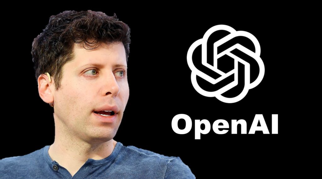 Un primo piano di Sam Altman, co-fondatore di OpenAI, rivolto leggermente verso destra con un'espressione assorta su uno sfondo nero uniforme. Accanto a lui, sulla destra, spicca il logo bianco di OpenAI composto da un simbolo grafico a spirale esagonale sopra il nome dell'azienda scritto in un carattere sans-serif pulito. Altman indossa una maglia blu a maniche lunghe con piccoli bottoni sul colletto e un dispositivo auricolare sottile dietro l'orecchio destro.