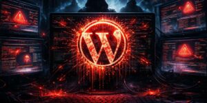 Illustrazione in stile cyberpunk che mostra il logo di WordPress rosso e luminoso su un monitor centrale circondato da schermi che visualizzano codici di errore e segnali di pericolo, con figure incappucciate che operano nell'oscurità sullo sfondo.