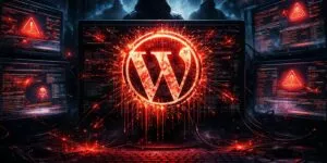 Illustrazione in stile cyberpunk che mostra il logo di WordPress rosso e luminoso su un monitor centrale circondato da schermi che visualizzano codici di errore e segnali di pericolo, con figure incappucciate che operano nell'oscurità sullo sfondo.