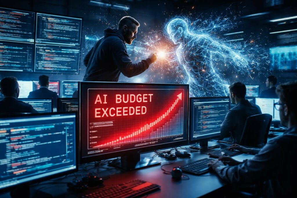 Una sala operativa moderna di una grande azienda tecnologica con ingegneri davanti a schermi e dashboard digitali che mostrano codice generato dall’intelligenza artificiale e grafici finanziari in forte crescita dei costi. Sullo sfondo un’interfaccia luminosa rappresenta un’entità AI autonoma che produce codice in modo continuo. L’atmosfera è tesa e mostra il conflitto tra automazione e sostenibilità economica.