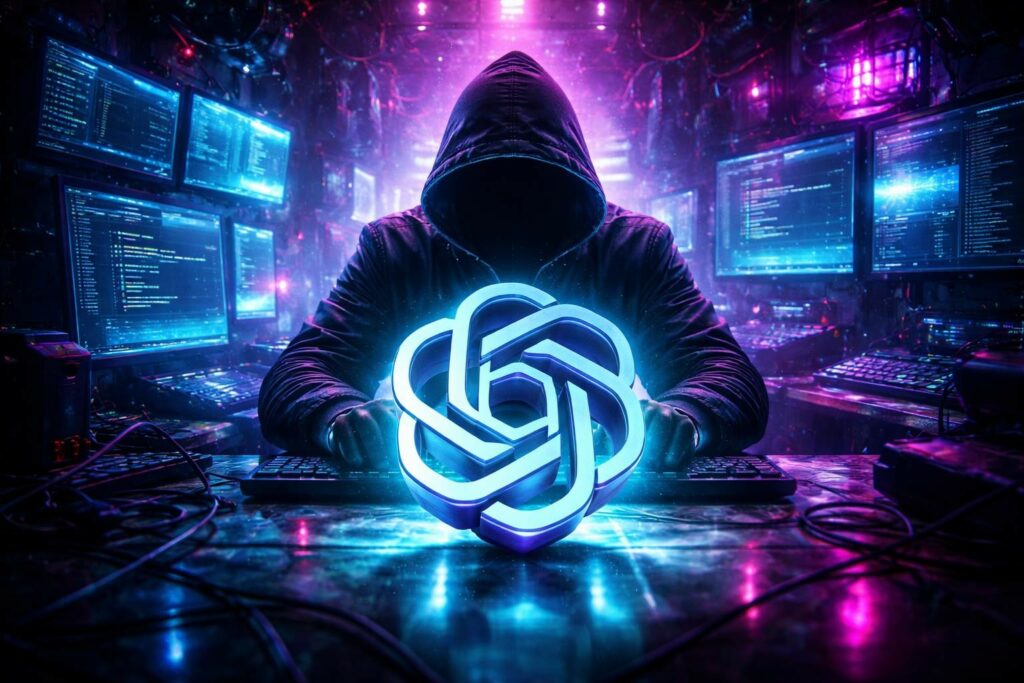 Illustrazione digitale in stile cyberpunk di una figura incappucciata seduta davanti a una postazione informatica avanzata con schermi multipli. Al centro, in primo piano, spicca un logo tridimensionale luminoso di OpenAI in tonalità ciano. L'ambiente è caratterizzato da luci neon viola e blu, cavi intrecciati e un'atmosfera tecnologica e misteriosa che richiama il mondo dell'hacking e dell'intelligenza artificiale.