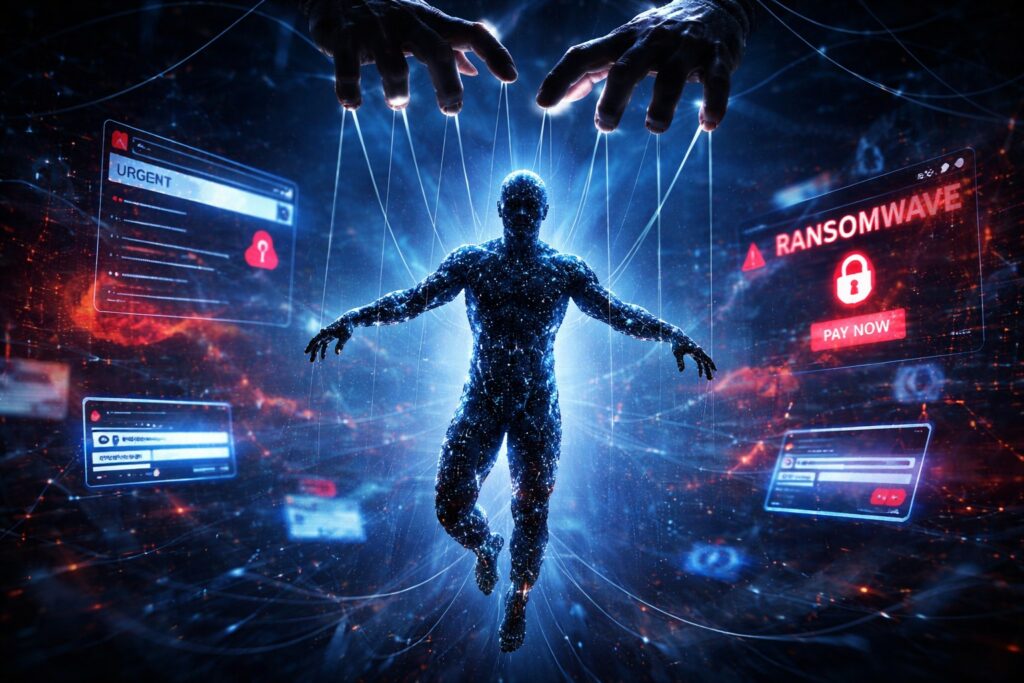Un’illustrazione in stile tecnologico mostra una figura umana composta da codice digitale, controllata come un burattino da fili invisibili, a rappresentare la manipolazione psicologica degli attacchi di ingegneria sociale. Sullo sfondo compaiono email di phishing, schermate di ransomware e credenziali sospese nello spazio digitale. I colori scuri con contrasti rosso e blu enfatizzano il pericolo e la vulnerabilità dell’utente umano nella cybersecurity.