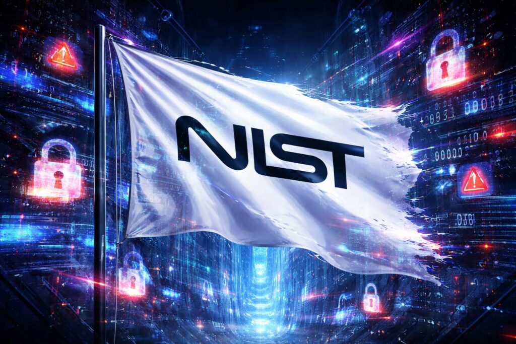 Bandiera con il logo NIST che si dissolve digitalmente in un ambiente futuristico, circondata da flussi di dati, codici binari e icone di lucchetti e segnali di allerta. Lo sfondo richiama una rete globale sotto pressione, con effetti luminosi blu e rossi che suggeriscono minacce informatiche, sovraccarico di vulnerabilità e crisi nella gestione della sicurezza digitale.