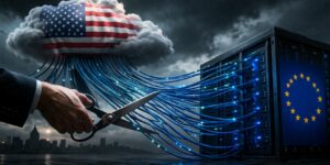 Una nube scura con la bandiera degli Stati Uniti fluttua nel cielo tempestoso, da cui partono numerosi cavi luminosi che scendono verso un data center contrassegnato dalla bandiera dell’Unione Europea. In primo piano, una mano impugna una forbice pronta a tagliare i cavi, simbolizzando il tentativo dell’Europa di interrompere la dipendenza tecnologica e il controllo esterno sulle proprie infrastrutture digitali.