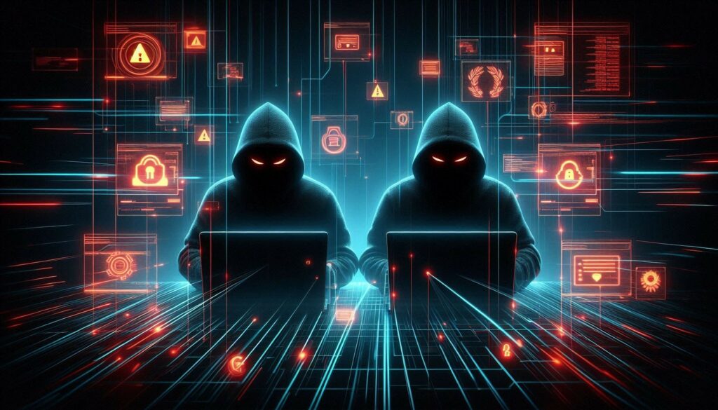 Un'illustrazione digitale in stile cyberpunk raffigura due figure incappucciate, simili a hacker, sedute davanti a computer portatili in un ambiente virtuale oscuro. I loro volti sono oscurati, illuminati solo da minacciosi occhi rossi brillanti. Attorno a loro fluttua un'intricata rete di interfacce digitali, icone di avviso rosse, simboli di lucchetti e schemi di circuiti in neon blu e arancione. Linee di luce dinamiche attraversano la scena, suggerendo il movimento frenetico di dati e attacchi informatici. L'atmosfera è tesa e tecnologica, evocando temi legati alla cybersecurity, al crimine informatico e alla sorveglianza digitale in un futuro distopico.