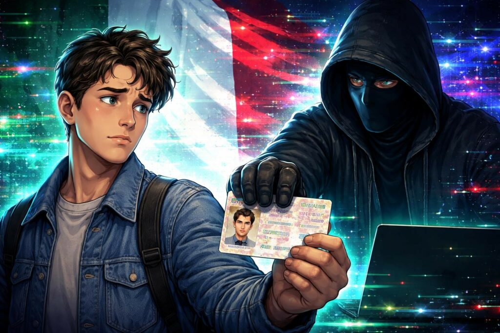 Un'illustrazione digitale dal forte impatto visivo che rappresenta il furto d'identità. A sinistra, un giovane uomo con capelli castani e giacca di jeans appare visibilmente turbato. Alla sua destra, una figura sinistra con cappuccio e maschera nera regge una carta d'identità che mostra il volto della vittima, a simboleggiare la sottrazione dei dati personali. Davanti al cybercriminale brilla lo schermo di un laptop. Lo sfondo è un mix di effetti glitched, luci cosmiche e una bandiera tricolore sfocata. Lo stile artistico è vivido e cinematico, enfatizzando il contrasto tra la vulnerabilità umana e l'anonimato delle minacce digitali.