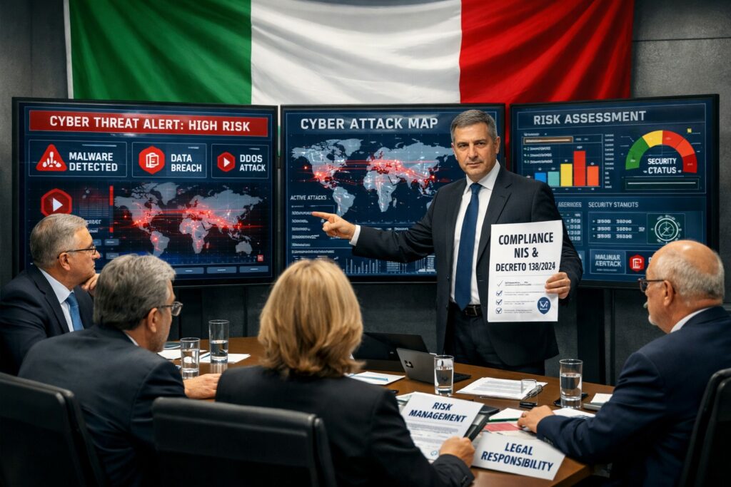 Un'immagine di grande impatto raffigura una sala operativa di cybersecurity sotto l'egida della bandiera italiana. Al centro, un esperto in abito formale presenta con autorità un documento intitolato "Compliance NIS & Decreto 138/2024", sottolineando l'importanza delle nuove normative. Sullo sfondo, tre grandi monitor visualizzano una mappa globale degli attacchi in tempo reale, avvisi di "High Risk" per malware e data breach, e grafici di Risk Assessment. Attorno al tavolo, figure istituzionali consultano documenti etichettati "Risk Management" e "Legal Responsibility". L'atmosfera è tesa e professionale, trasmettendo un senso di urgenza e preparazione strategica nella protezione delle infrastrutture critiche nazionali.