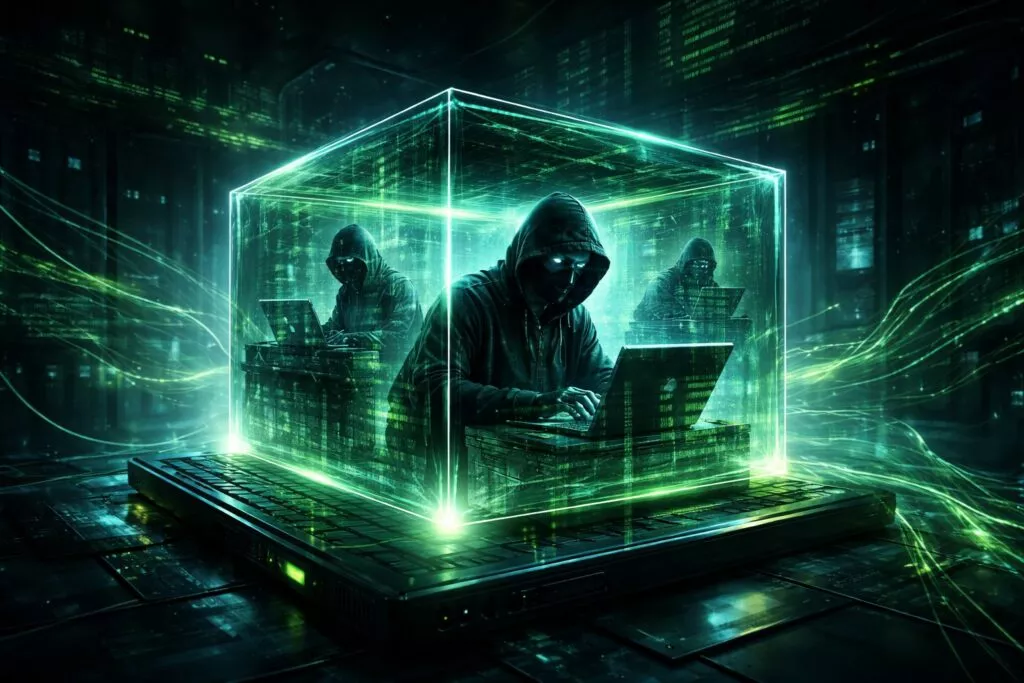Illustrazione in stile cyberpunk di un computer compromesso, al cui interno è visibile una macchina virtuale trasparente che ospita figure di hacker nell’ombra. Codice digitale verde fluisce attorno al sistema, mentre l’ambiente virtuale appare isolato e invisibile dall’esterno, rappresentando un attacco informatico nascosto e difficile da rilevare.