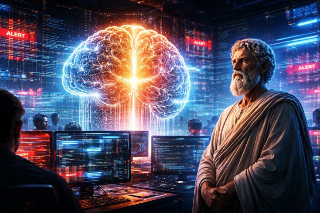 Un filosofo stoico ispirato a Epitteto osserva con calma un ambiente digitale caotico pieno di alert di sicurezza, codice e attacchi informatici, mentre un firewall luminoso a forma di cervello rappresenta il controllo mentale e la resilienza nella cybersecurity.