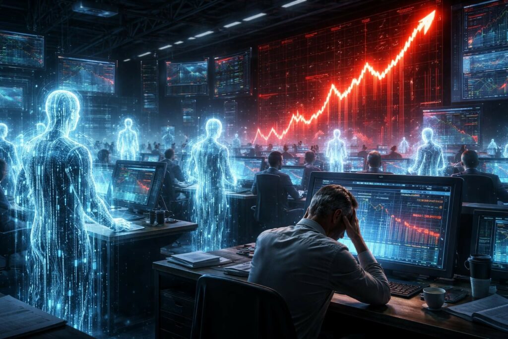 Un'immagine futuristica e drammatica mostra l'interno di un centro di controllo finanziario o di cybersecurity. In primo piano, un uomo è seduto alla sua scrivania con la testa tra le mani, visibilmente stressato, mentre osserva grafici in calo sul suo monitor. Attorno a lui, l'ambiente è popolato da figure umane olografiche semitrasparenti composte da codice binario e flussi di dati luminosi, che operano alle postazioni. Sullo sfondo, una gigantesca parete video mostra un grafico azionario rosso neon con un trend in forte crescita, contrastando con i segnali di crisi dei monitor individuali. L'atmosfera è cupa, illuminata da luci blu elettrico e rosso intenso, simboleggiando la tensione tra l'errore umano e l'inarrestabile velocità dell'intelligenza artificiale e dei mercati digitali globali. La scena cattura perfettamente il senso di alienazione tecnologica e pressione lavorativa nell'era dei big data.