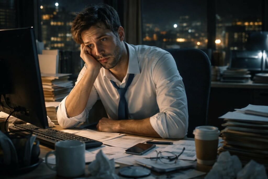 Un uomo dall'aspetto esausto è seduto alla sua scrivania in un ufficio buio a tarda notte, illuminato solo dalla luce fioca del monitor del computer. Indossa una camicia bianca con la cravatta blu allentata e poggia il viso sulla mano, con un'espressione di profonda stanchezza e rassegnazione. La scrivania è sommersa dal disordine: pile di documenti, tazze di caffè da asporto, fogli stropicciati, occhiali da vista e uno smartphone. Sullo sfondo, attraverso la finestra, si intravedono le luci sfocate della città, sottolineando l'isolamento e le ore di lavoro straordinario. L'immagine trasmette un forte senso di burnout e stress lavorativo.