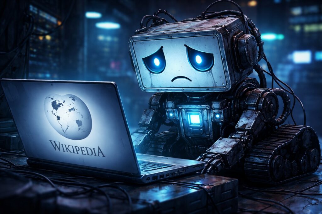 un bot di intelligenza artificiale è molto triste mentre legge su un monitor la sua esclusione da wikipedia