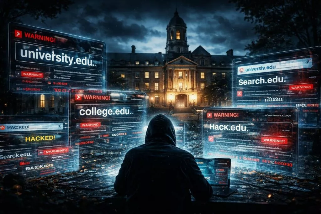 Un'immagine oscura e suggestiva mostra un hacker incappucciato di spalle, seduto davanti a un laptop in un ambiente esterno notturno. Di fronte a lui, fluttuano numerosi schermi olografici traslucidi che proiettano avvisi di sicurezza critici e domini accademici compromessi, come "university.edu", "college.edu" e "Hack.edu", accompagnati dalla scritta "WARNING!" in rosso e "HACKED!" in giallo. Sullo sfondo si staglia l'imponente facciata illuminata di un edificio universitario storico sotto un cielo nuvoloso e tetro. L'intera scena, caratterizzata da toni freddi e un'atmosfera cyber-thriller, simboleggia un massiccio attacco informatico rivolto alle istituzioni educative e alla ricerca.