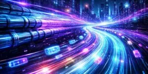 Un’illustrazione futuristica mostra l’evoluzione di Internet: vecchie connessioni rigide simili a tubature rappresentano il protocollo TCP, mentre flussi luminosi e dinamici simboleggiano QUIC che trasporta dati ad alta velocità. Sullo sfondo una città cyberpunk con reti digitali e ologrammi evidenzia la trasformazione tecnologica dello stack di rete moderno, con colori neon blu e viola e un’atmosfera altamente tecnologica.