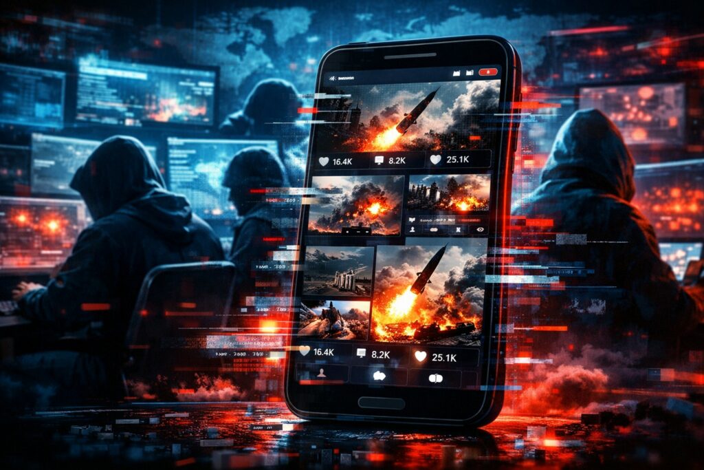 uno smartphone in primo piano con un feed social saturato da contenuti di guerra, tra missili, esplosioni e scenari bellici. Il display mostra interazioni tipiche dei social network come like e condivisioni. Sullo sfondo si intravedono figure oscure sedute davanti a più schermi, impegnate nella gestione coordinata di account digitali. L’intera scena è dominata da effetti glitch e toni rosso-blu che evocano propaganda digitale e guerra informativa su scala globale.