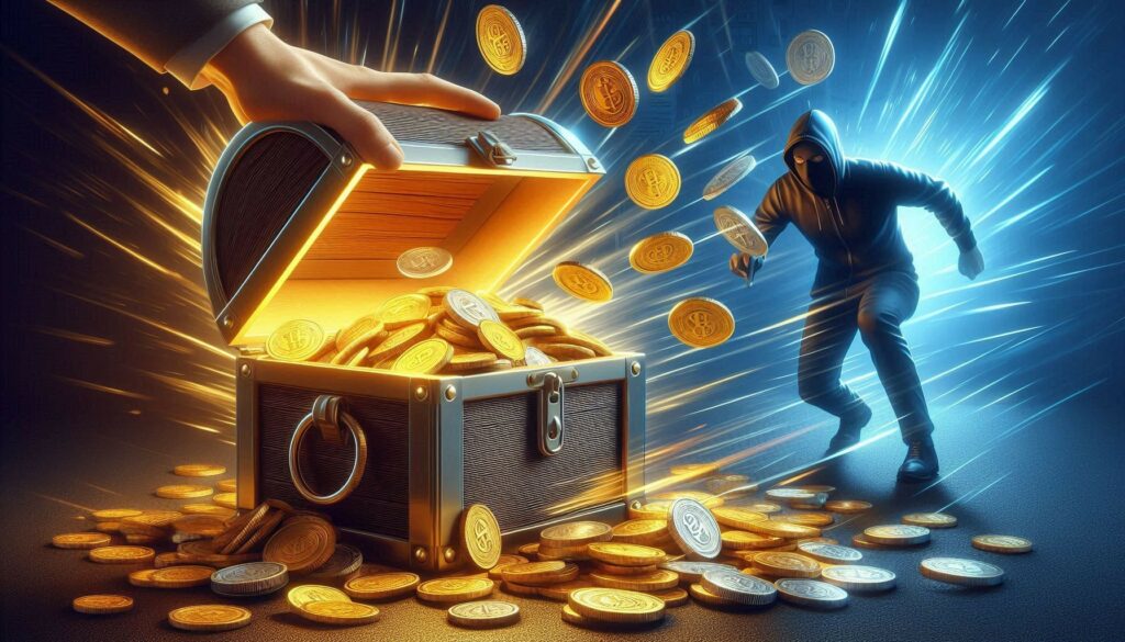 Un'illustrazione digitale dinamica mostra uno scrigno ricolmo di monete d'oro che brilla di una luce intensa. Una mano in giacca e camicia apre il coperchio, rivelando il tesoro contenuto. Sulla destra, una figura incappucciata vestita di scuro fugge rapidamente nell'ombra, mentre alcune monete sembrano volare verso di lei. L'immagine utilizza forti contrasti tra il bagliore dorato del forziere e i fasci di luce blu elettrico sullo sfondo, simboleggiando graficamente un furto digitale o una violazione di dati finanziari.