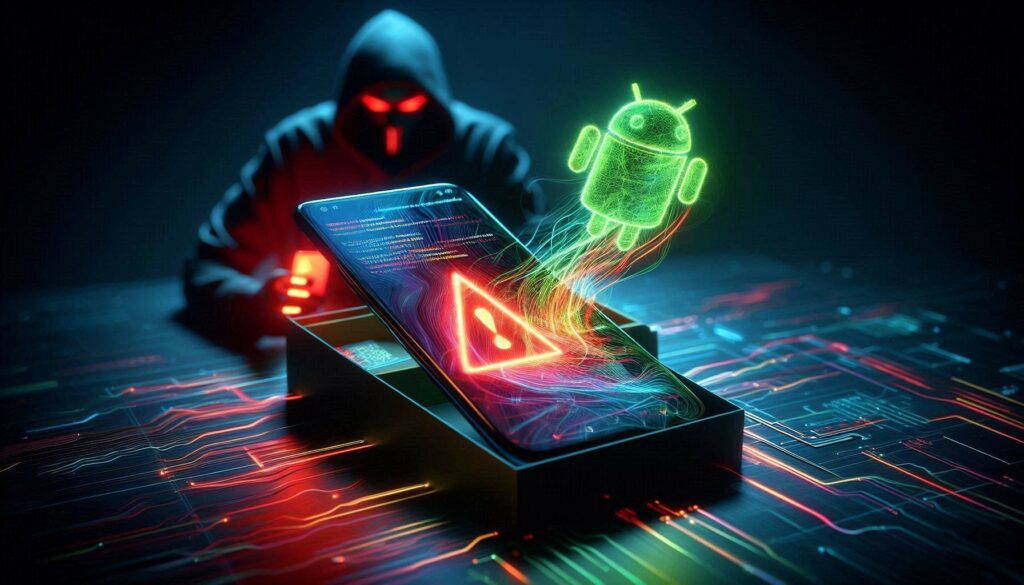 Uno smartphone Android appena aperto dalla confezione mostra sullo schermo un simbolo di pericolo rosso luminoso, mentre codice digitale e flussi di dati sembrano fuoriuscire dal dispositivo. Sullo sfondo si intravede la sagoma di un hacker nell’ombra, a rappresentare un attacco informatico nascosto e preinstallato nel telefono.