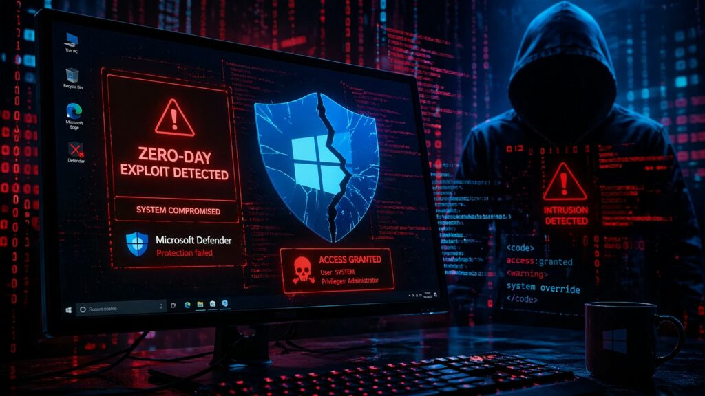 Un'immagine carica di tensione digitale mostra un attacco hacker in corso su un PC Windows. In primo piano, il monitor visualizza avvisi critici in rosso: "ZERO-DAY EXPLOIT DETECTED", "SYSTEM COMPROMISED" e un messaggio che indica il fallimento di Microsoft Defender. Al centro dello schermo spicca uno scudo blu con il logo Windows, vistosamente incrinato. Sullo sfondo, avvolto nell'oscurità e in una pioggia di codice binario blu e rosso, siede una figura minacciosa con una felpa nera con cappuccio, il volto oscurato. Accanto a lui fluttua un ologramma con la scritta "INTRUSION DETECTED". L'intera scena, illuminata da luci al neon, evoca il pericolo immediato di una violazione della sicurezza informatica.