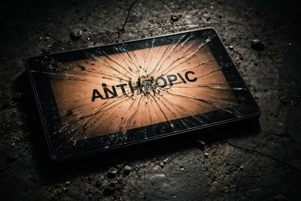 Primo piano cinematografico di un tablet con lo schermo in vetro infranto, appoggiato su un pavimento di cemento scuro, ruvido e crepato. Al centro del display compare la scritta “ANTHROPIC”, attraversata da un punto d’impatto da cui si diramano numerose crepe sottili e taglienti. I frammenti riflettono una luce intensa proveniente dall’alto, creando forti contrasti e un’atmosfera cupa e drammatica. Intorno al dispositivo sono visibili piccoli detriti e polvere. L’immagine ha uno stile iperrealistico, con texture molto definite, evocando un’estetica cyber-archeologica decadente e tecnologica.