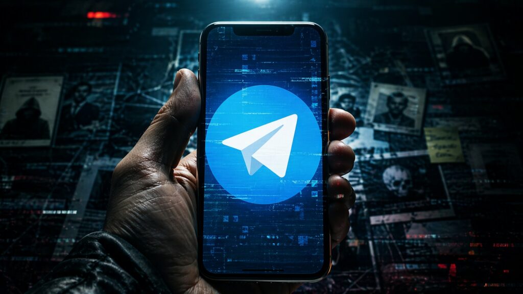 Un'immagine ravvicinata mostra una mano, forse di un uomo con una giacca scura, che tiene uno smartphone. Lo schermo del telefono è acceso e mostra l'icona dell'applicazione di messaggistica Telegram: un aeroplano di carta bianco all'interno di un cerchio blu su uno sfondo grigio scuro. Lo sfondo dell'immagine è sfocato e scuro, ma sembra essere una scrivania o un tavolo pieno di fogli di carta, documenti e altri oggetti, tra cui alcuni piccoli ritagli di foto di persone. La luce è soffusa e proviene principalmente dallo schermo dello smartphone e da una fonte luminosa sfocata sullo sfondo. L'immagine è stata scattata con una profondità di campo ridotta, il che mette a fuoco la mano e lo smartphone.