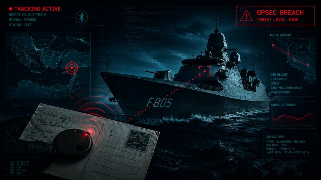 Immagine in stile cyber thriller che rappresenta una nave militare in navigazione nel Mar Mediterraneo, identificata come F805, monitorata tramite sistemi di tracciamento digitale avanzati. Sullo sfondo compare una mappa della regione con riferimento a Cipro e rotte navali evidenziate. In primo piano è visibile una cartolina con un piccolo dispositivo Bluetooth nascosto, che emette segnali radio rappresentati da onde luminose rosse. Interfacce grafiche HUD mostrano allarmi di sicurezza, dati di localizzazione e percorso della nave. L’atmosfera è scura, tecnologica e minacciosa, con elementi di sorveglianza digitale e cyber intelligence che suggeriscono una violazione della sicurezza operativa militare.
