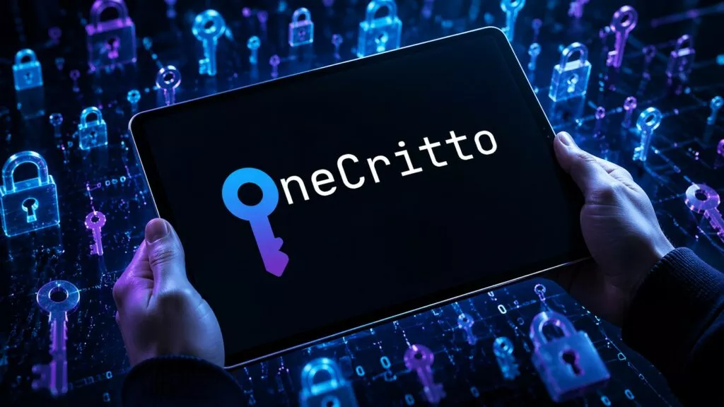 Tablet tenuto in diagonale da due mani umane, con schermo nero su cui è visibile il logo “OneCritto”: una chiave stilizzata con sfumature blu e viola accanto al nome in bianco. L’immagine ha uno stile cyberpunk, con illuminazione neon e tonalità fredde. Sullo sfondo si estende un ambiente digitale ricco di chiavi e lucchetti luminosi sospesi, collegati da linee che ricordano circuiti informatici. L’atmosfera trasmette sicurezza informatica, crittografia e protezione dei dati. I dettagli sono nitidi e moderni, con un forte contrasto tra il dispositivo in primo piano e il contesto tecnologico futuristico circostante.