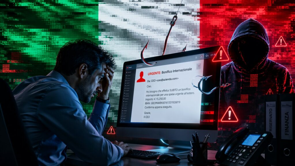 Un impiegato in ufficio, visibilmente stressato, osserva lo schermo del computer con una email fraudolenta che simula una richiesta urgente del CEO per un bonifico internazionale. Intorno allo schermo compaiono elementi grafici di phishing, come ami digitali e segnali di allarme rossi, mentre sullo sfondo si intravede una figura oscura che rappresenta l’hacker. L’ambiente è moderno e aziendale, con illuminazione drammatica e toni cyber blu e rossi.