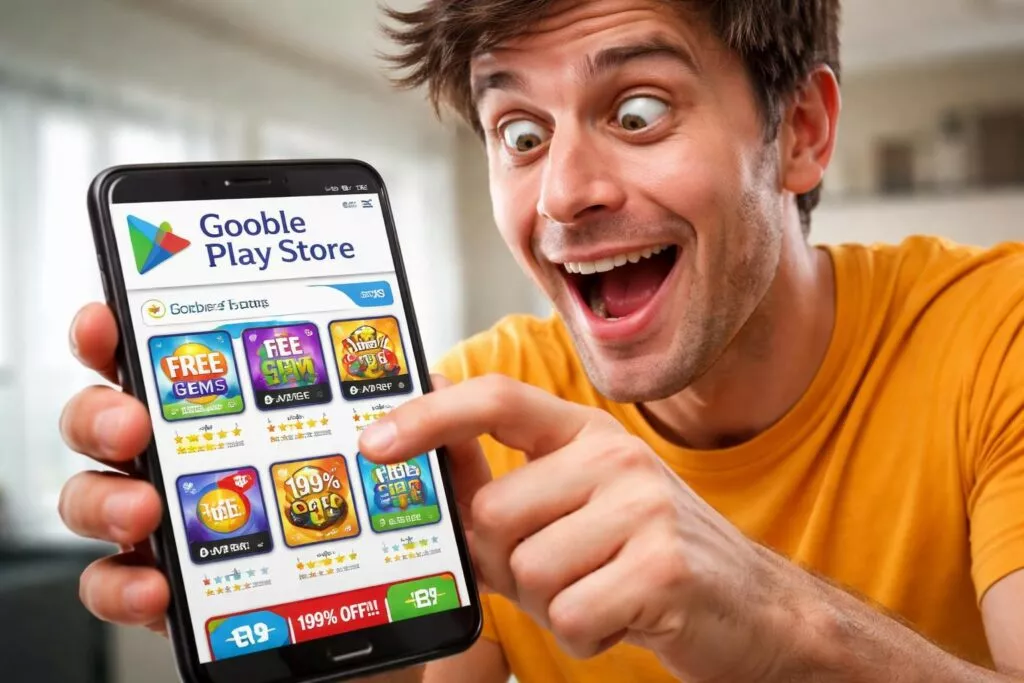 Un uomo clicca su un Play Store che non sembra essere quello ufficiale